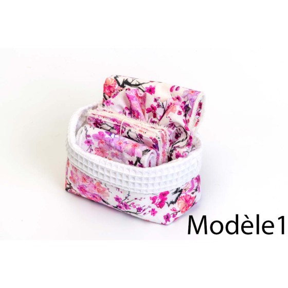 panière de démaquillage zéro déchet avec lingettes démaquillantes, bandeau de soin mini serviette visage, chouchou