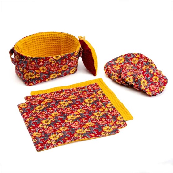 panier starter kit zéro déchet, essuie-tout réutilsable, charlotte à saladier, charlotte à plat, artisanat local écoresponsable