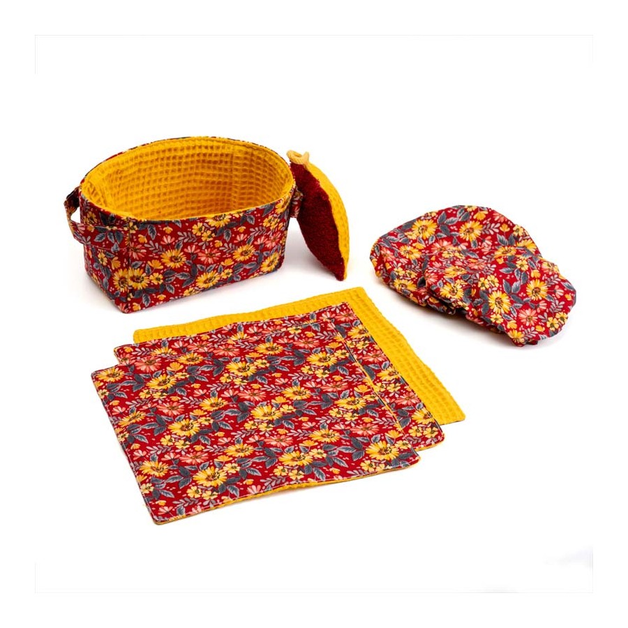 panier starter kit zéro déchet, essuie-tout réutilsable, charlotte à saladier, charlotte à plat, artisanat local écoresponsable