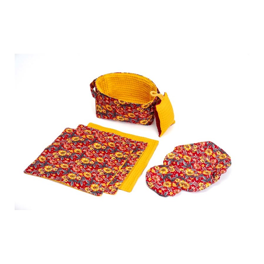 panier starter kit zéro déchet, essuie-tout réutilsable, charlotte à saladier, charlotte à plat, artisanat local écoresponsable
