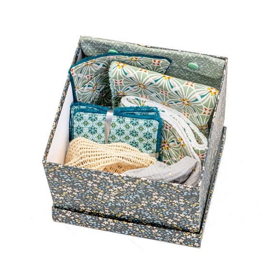 box beauté écoresponsable, zéro déchet, mini serviette visage, lingettes démaquillantes, fleur de douche