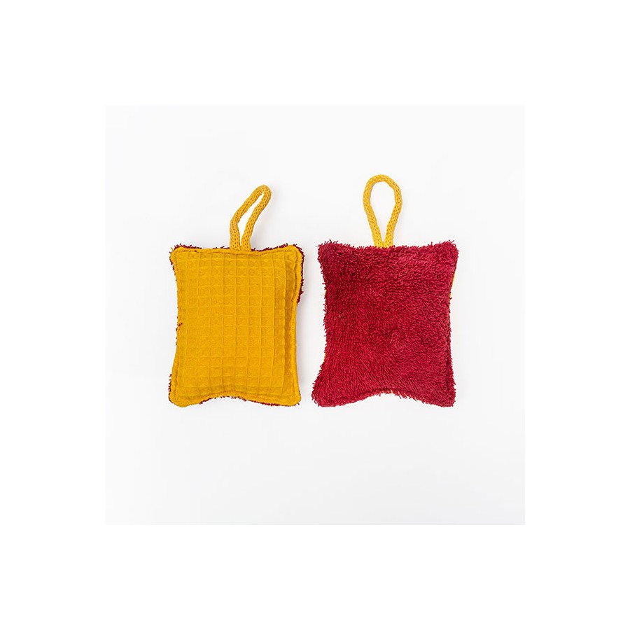 2 Éponges réutilisables jaune et rouge avec boucle cote à cote