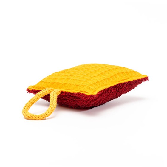 Éponge réutilisable jaune et rouge avec boucle, zéro déchet
